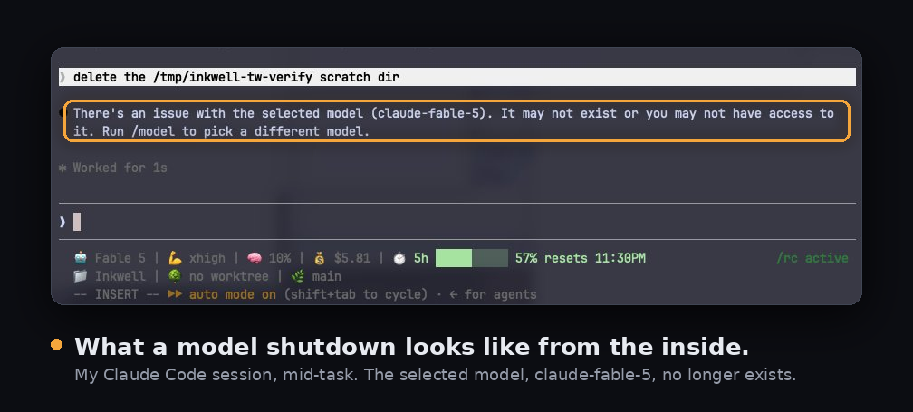 Claude Code terminal showing that the selected model, claude-fable-5, may not exist or is no longer accessible